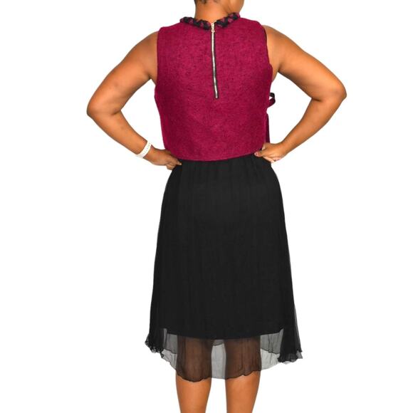 Midi Dress Red Two Tone Overlay Vest Black Mixed Texture Sheer Colorblock Small - Picture 14 of 15